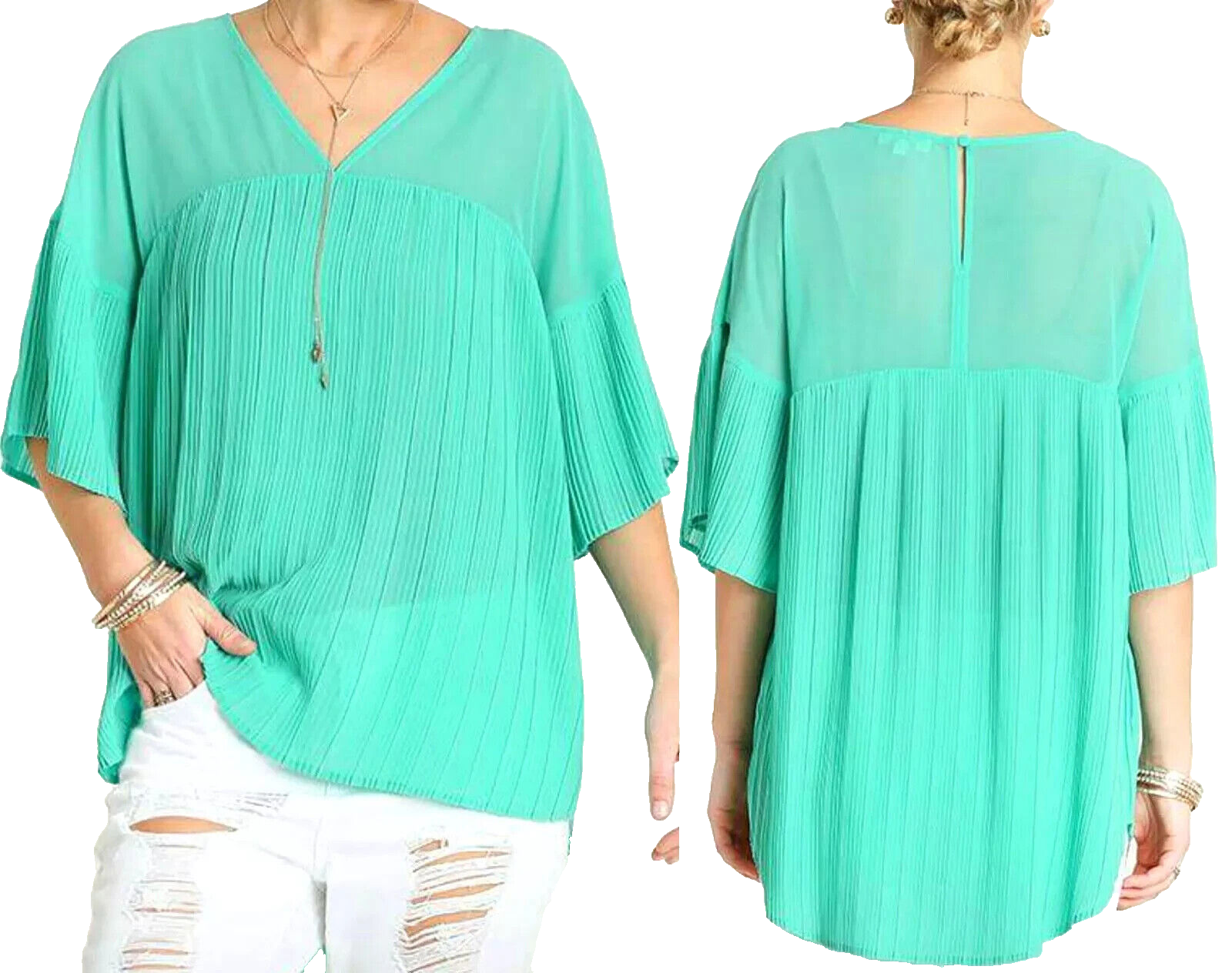 Umgee Top Size S Mint Green Pleated Whimsy Bell Sleeve Relaxed Tunic Women Shirt